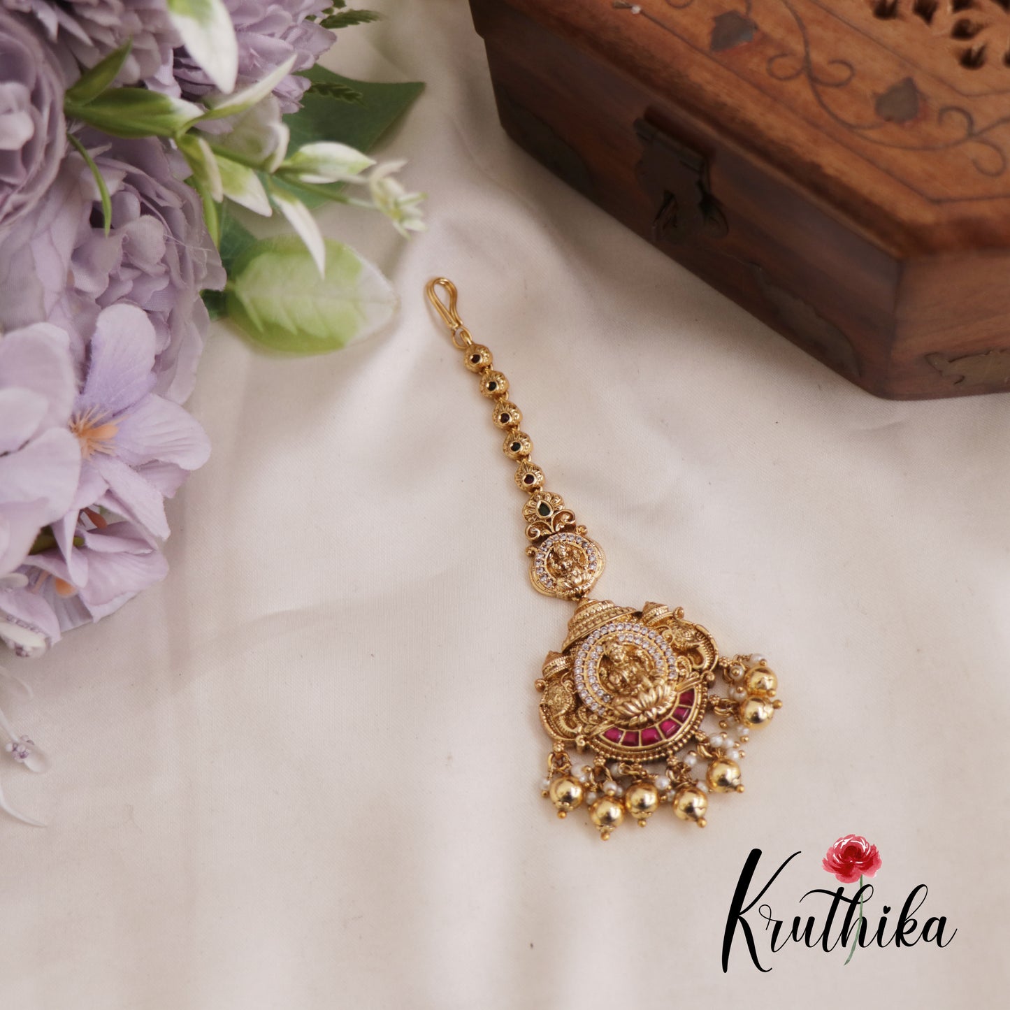 Stunning Antique Lakshmi Jadau Maang Tikka With Pearl And Bead Drops MT318 (Available In 2 Colors)