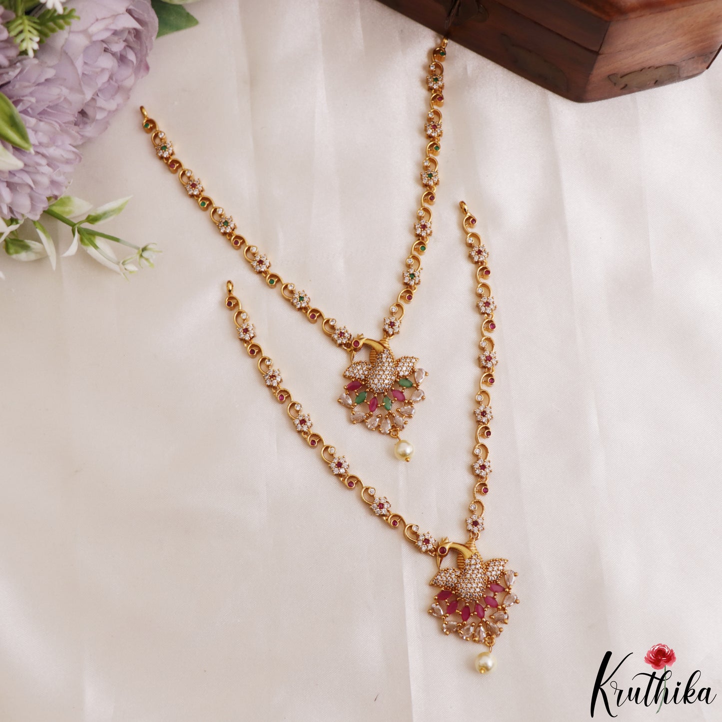 Trendy Peacock Motifs CZ Necklace With Pearl Drop NC3236 (Available In 2 Colors)