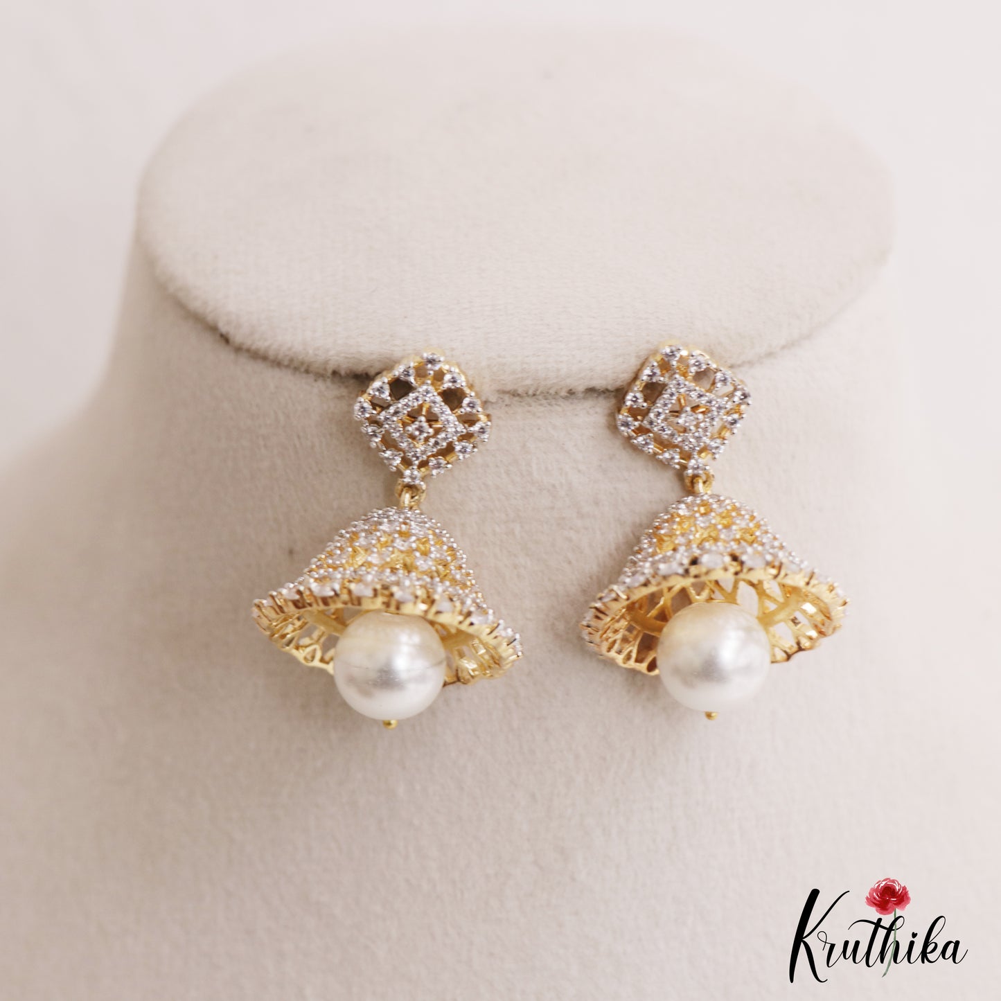 Elegant Geometric Motifs Gold-Tone CZ Jhumkas With Pearl Drop E1134