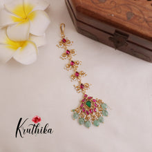 Trendy Lotus Design Jadau Maang Tikka with Pastel Green Beads MT246