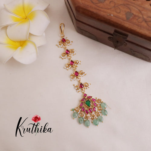 Trendy Lotus Design Jadau Maang Tikka with Pastel Green Beads MT246