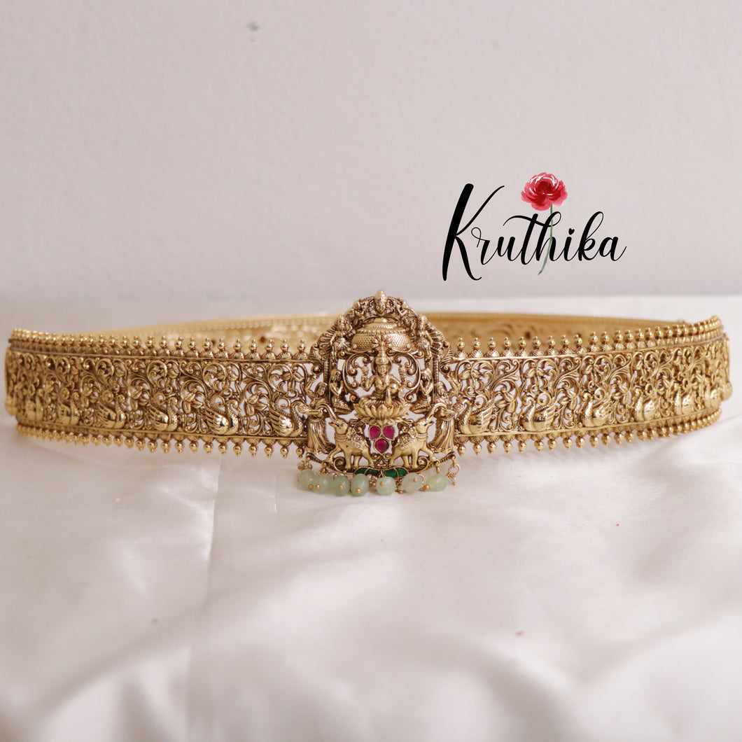Temple Lakshmi Peacock  Pastel Green beads Hip Belt V244