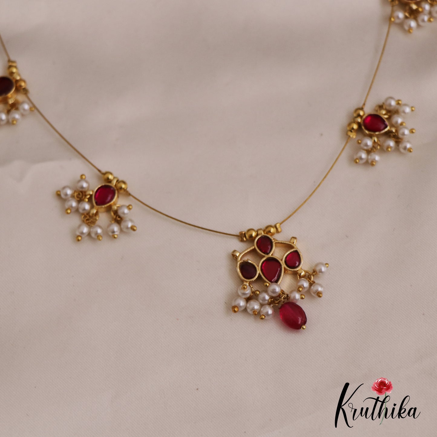 Simple Teardrop Motifs Jadau Invisible Chain With Pearl Drops NC2719 (Available In 4 Colors)