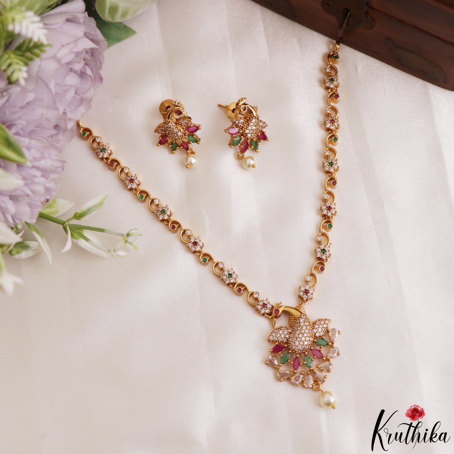 Trendy Peacock Motifs CZ Necklace With Pearl Drop NC3236 (Available In 2 Colors)