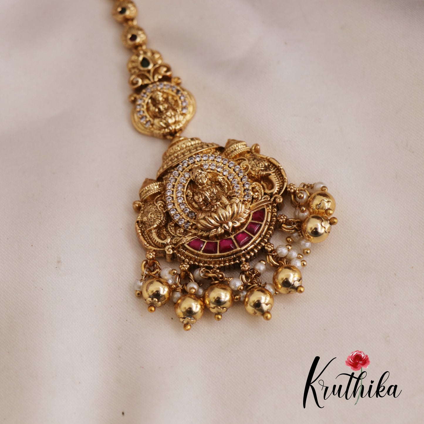 Stunning Antique Lakshmi Jadau Maang Tikka With Pearl And Bead Drops MT318 (Available In 2 Colors)