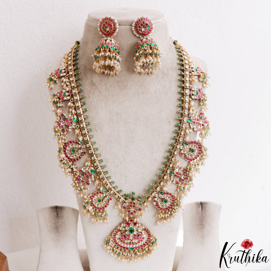 Premium Floral Peacock Motifs Jadau Haaram With Pearl Bead Drops LH2175