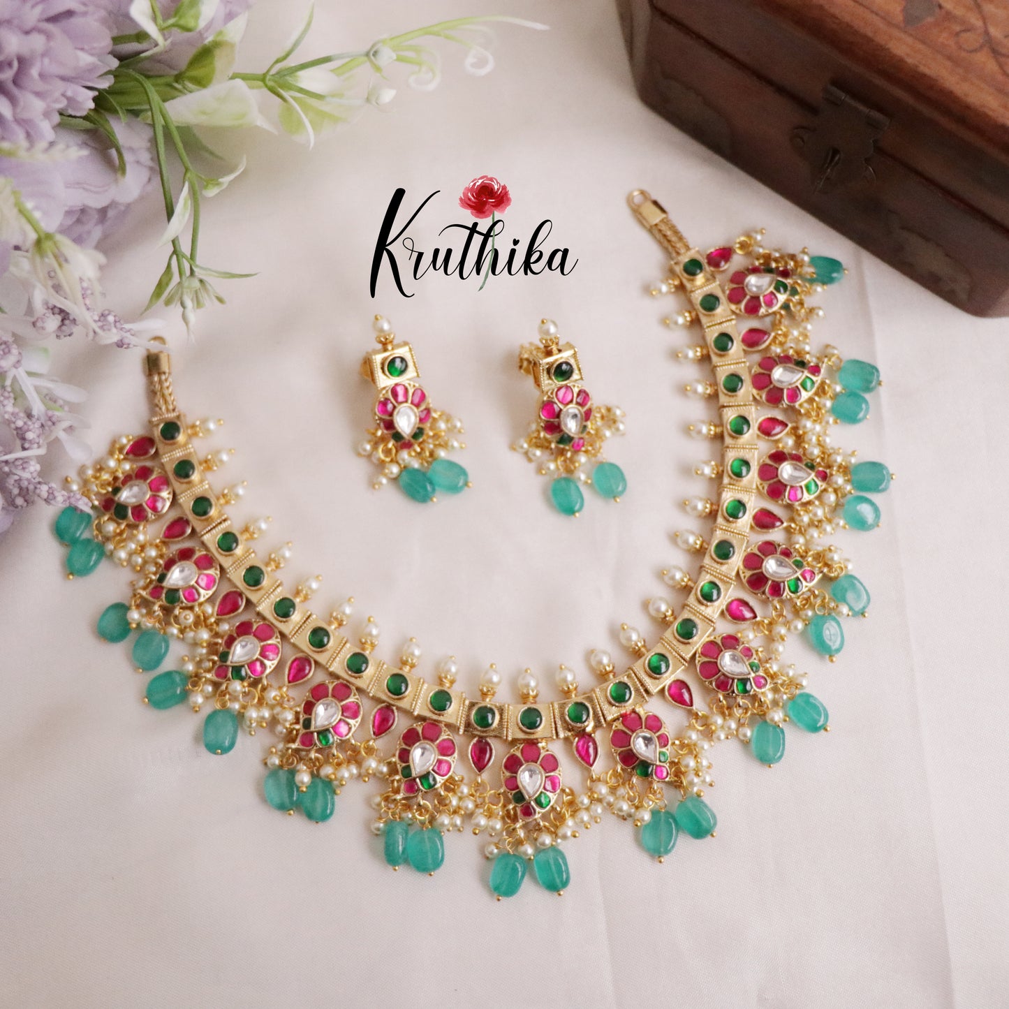 Royal Multi Stone Jadau Necklace with Pastel Green Beads Drops NC2042