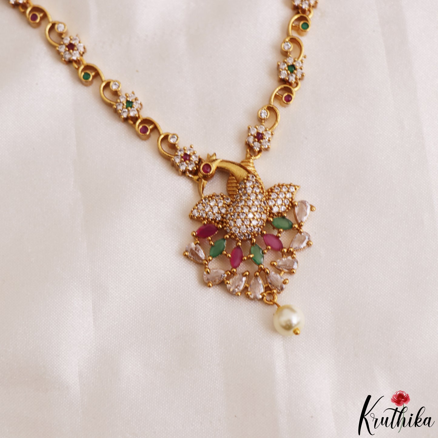 Trendy Peacock Motifs CZ Necklace With Pearl Drop NC3236 (Available In 2 Colors)