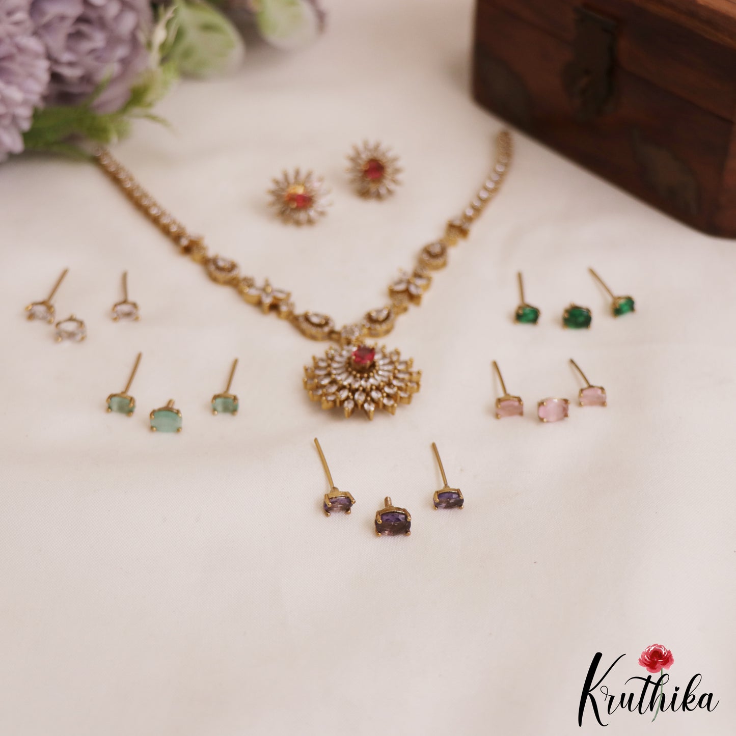 Trendy CZ Sparkling Floral Victorian Necklace With Interchangeable Stones NC2954
