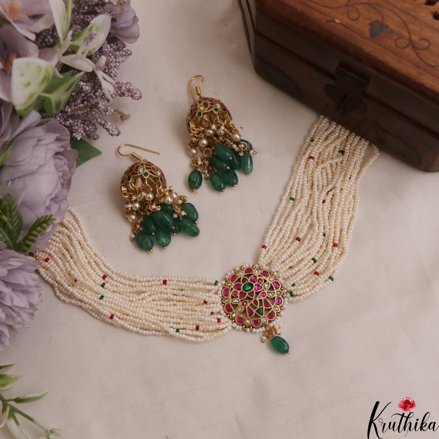 Trendy Floral Motifs Multi Pearl Strand Jadau Choker With Green Bead Drop NC3027