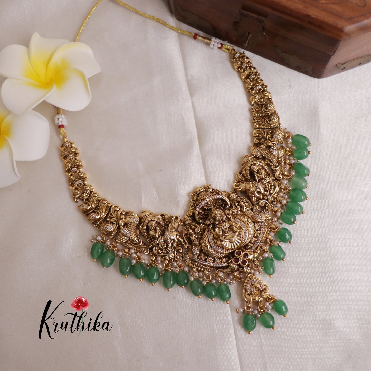 Premium Temple Lakshmi Peacock Necklace with Green Beads NC1913
