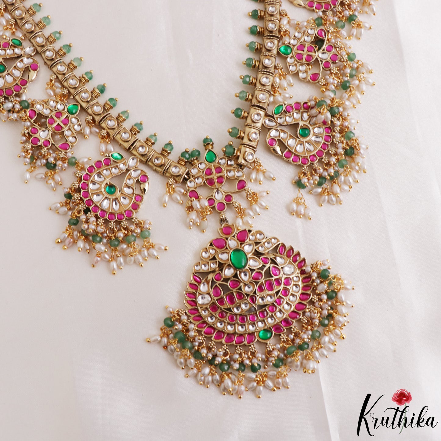 Premium Floral Peacock Motifs Jadau Haaram With Pearl Bead Drops LH2175