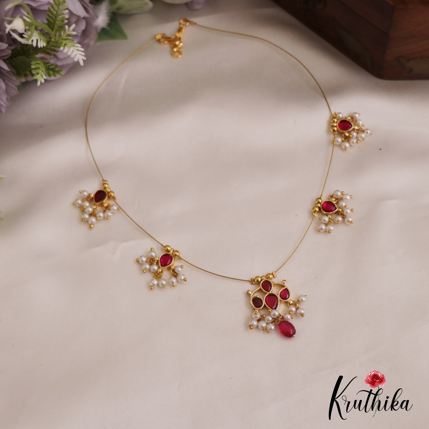 Simple Teardrop Motifs Jadau Invisible Chain With Pearl Drops NC2719 (Available In 4 Colors)