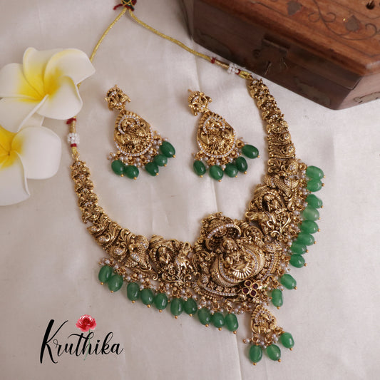 Premium Temple Lakshmi Peacock Necklace with Green Beads NC1913