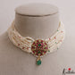 Trendy Floral Motifs Multi Pearl Strand Jadau Choker With Green Bead Drop NC3027