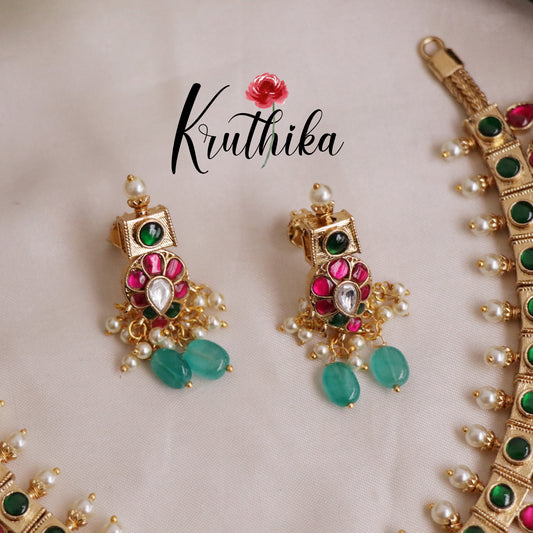 Royal Multi Stone Jadau Necklace with Pastel Green Beads Drops NC2042