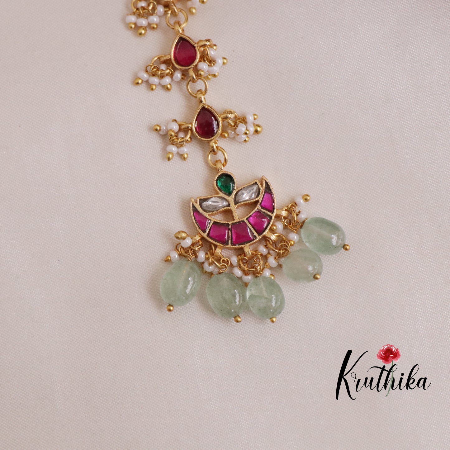 Beautiful Moon Design Jadau Maang Tikka with Pastel Green Beads MT248