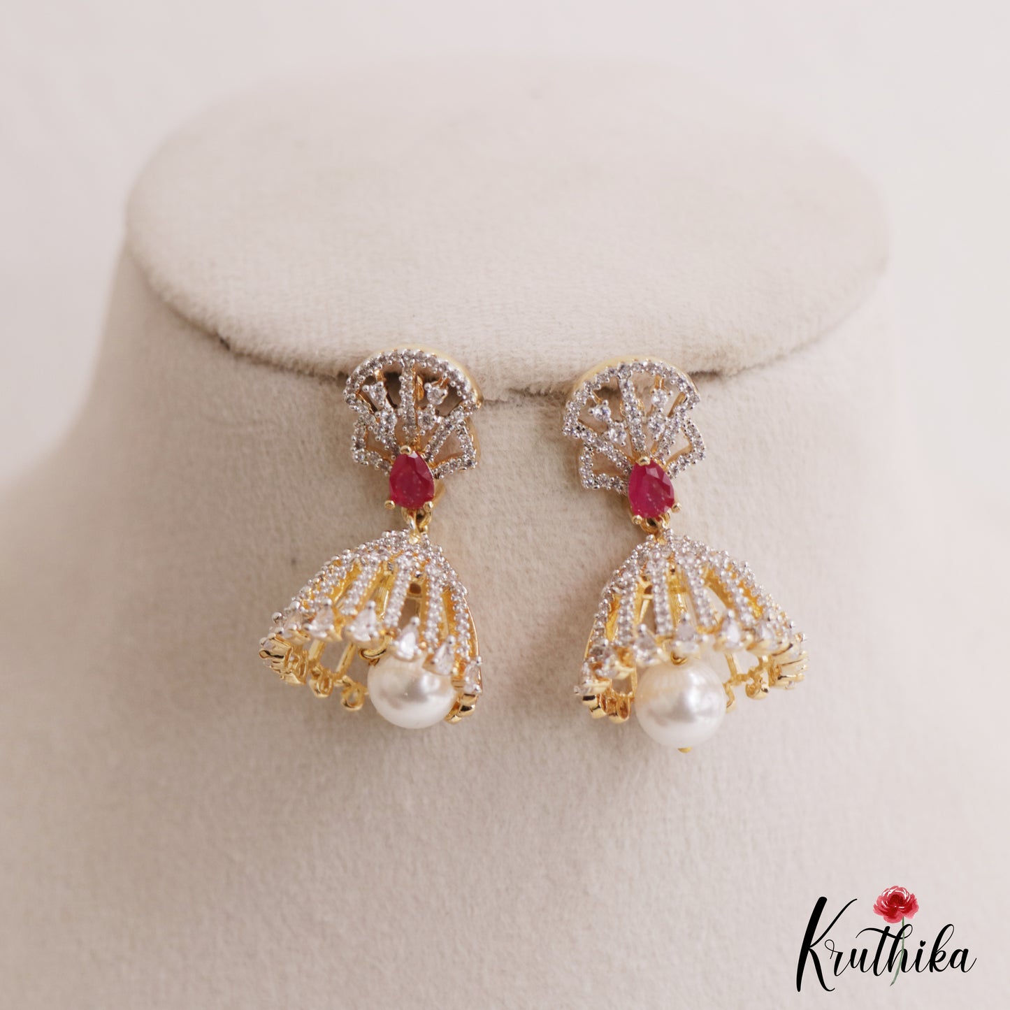 Trendy Gold-Tone AD Jhumkas With Pearl Drop E1108 (Available In 3 Colors)