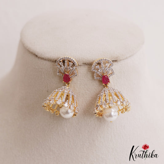 Trendy Gold-Tone AD Jhumkas With Pearl Drop E1108 (Available In 3 Colors)