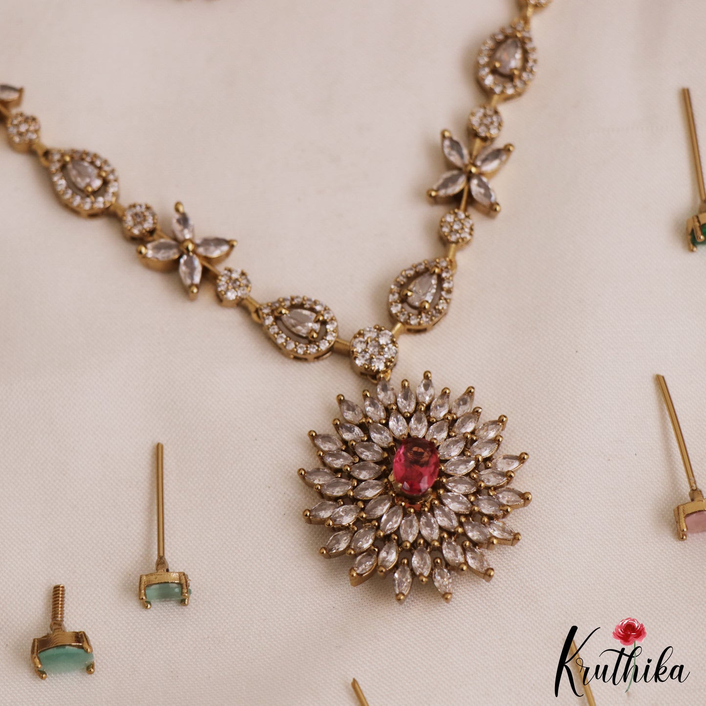 Trendy CZ Sparkling Floral Victorian Necklace With Interchangeable Stones NC2954