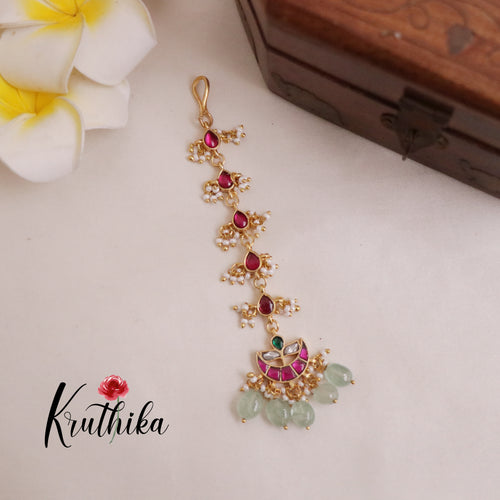 Beautiful Moon Design Jadau Maang Tikka with Pastel Green Beads MT248