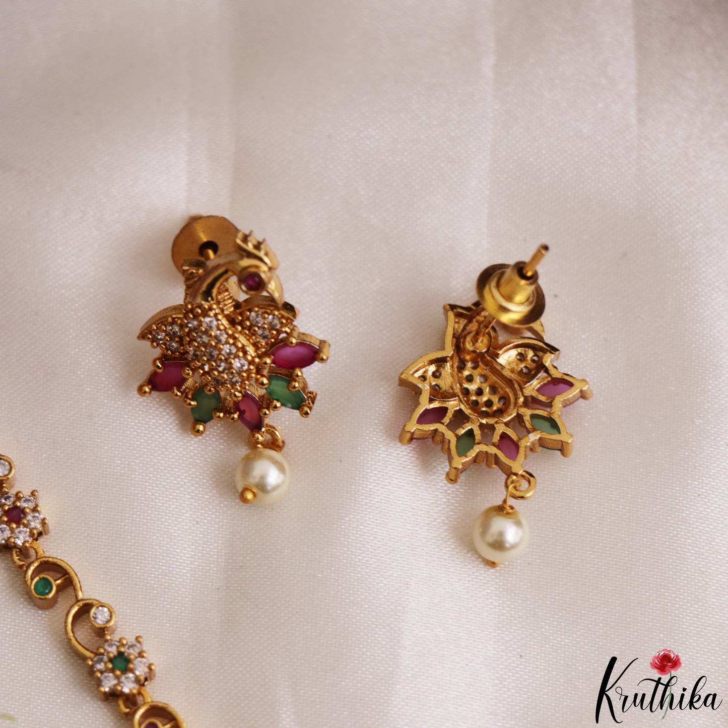 Trendy Peacock Motifs CZ Necklace With Pearl Drop NC3236 (Available In 2 Colors)