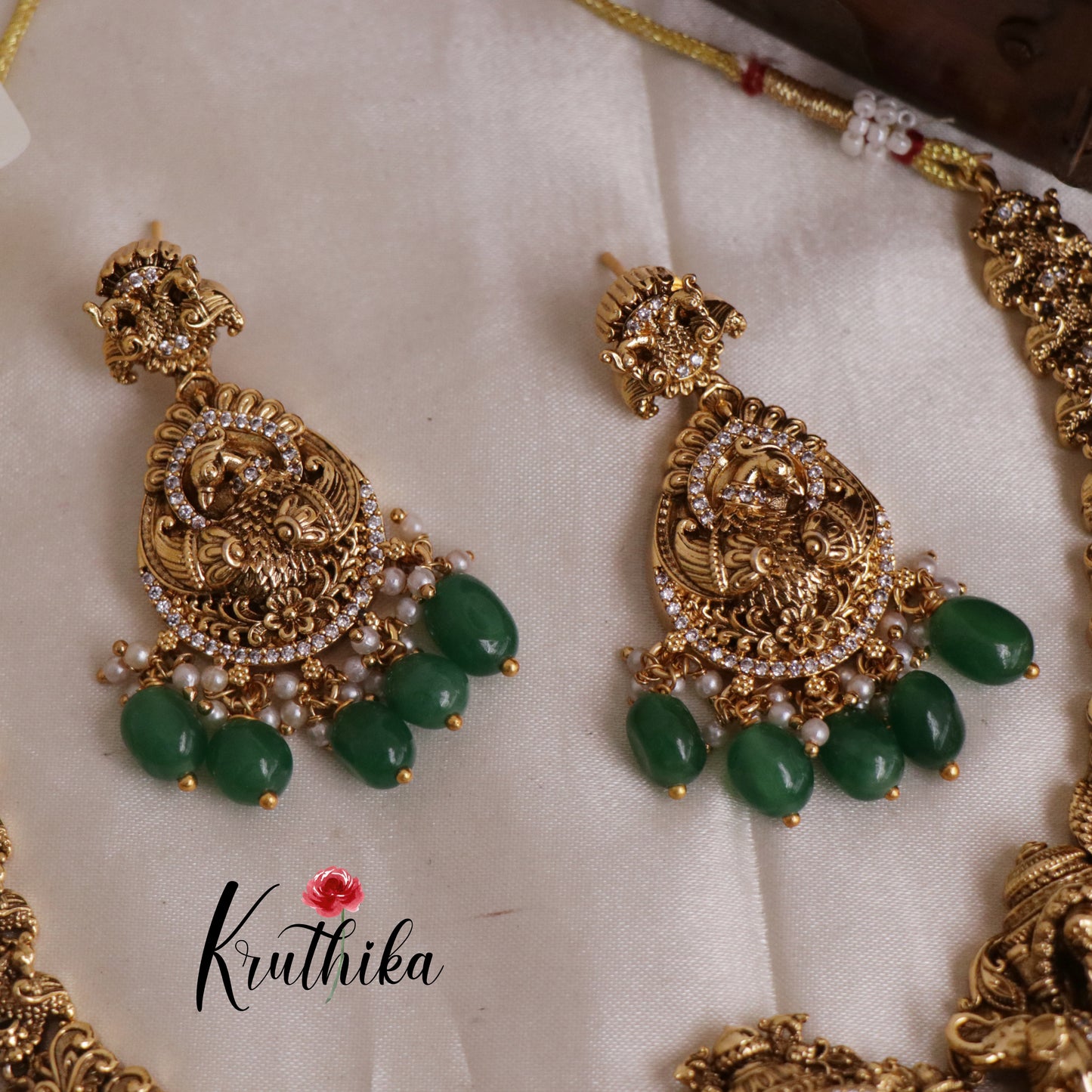 Premium Temple Lakshmi Peacock Necklace with Green Beads NC1913