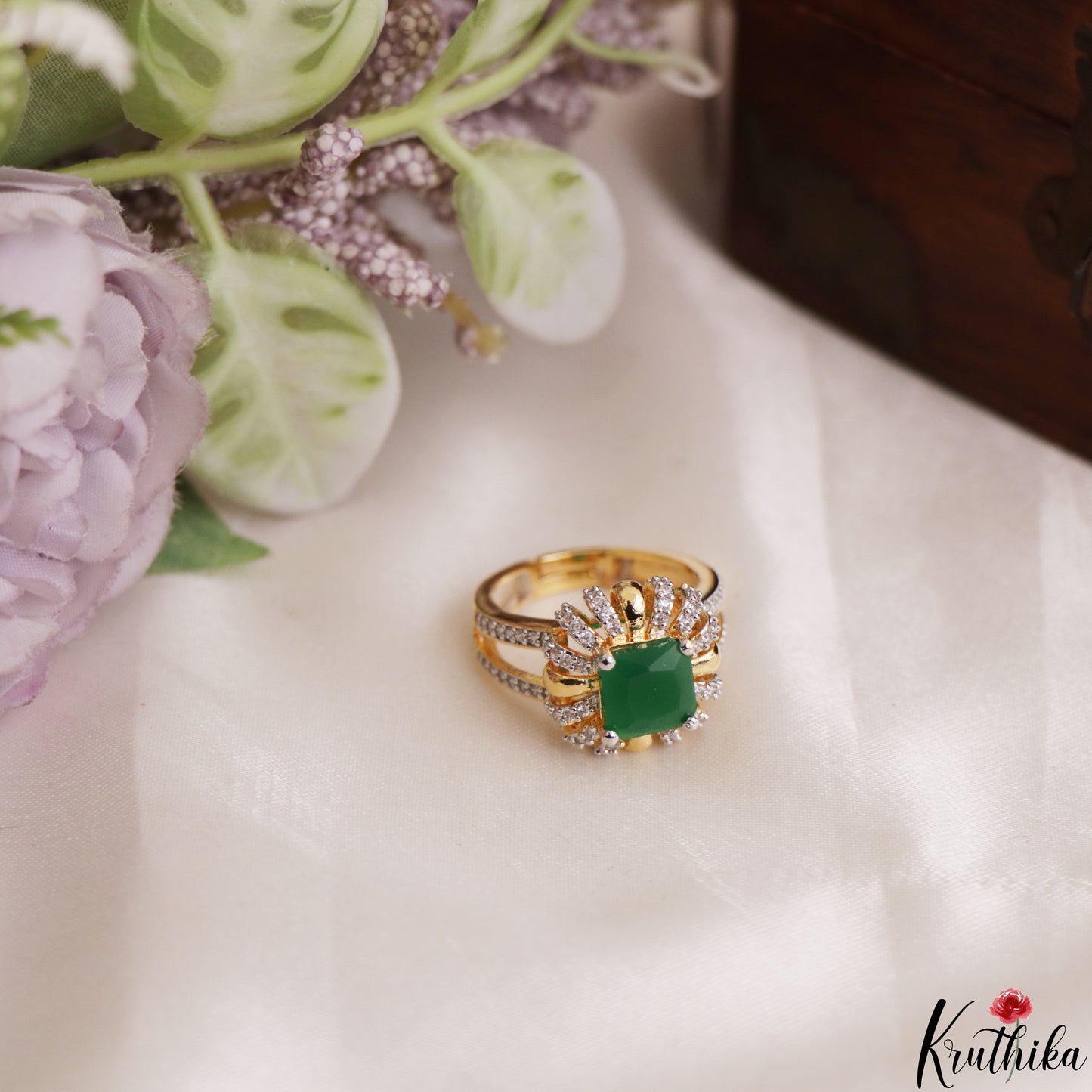 Trendy Floral Adjustable Gold-Tone CZ Finger Ring R62 (Available in 2 Colours)