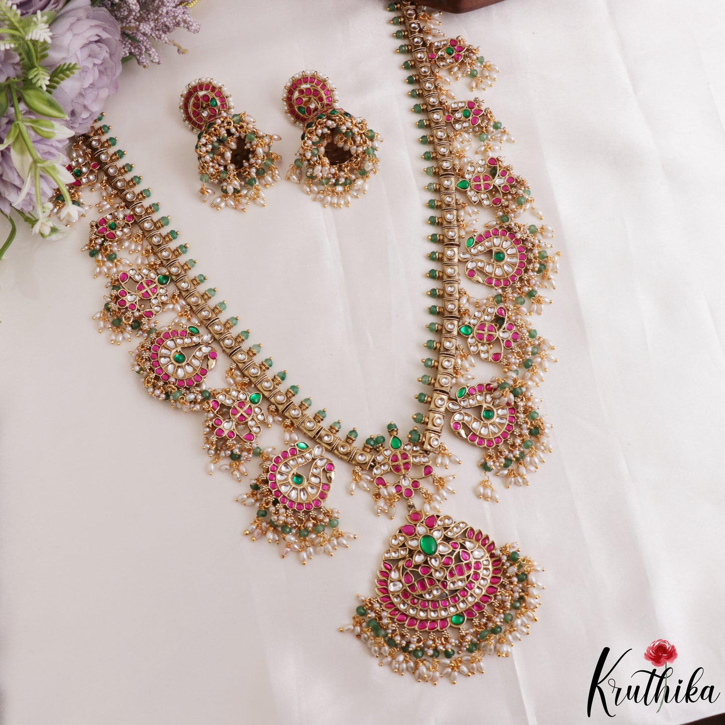Premium Floral Peacock Motifs Jadau Haaram With Pearl Bead Drops LH2175