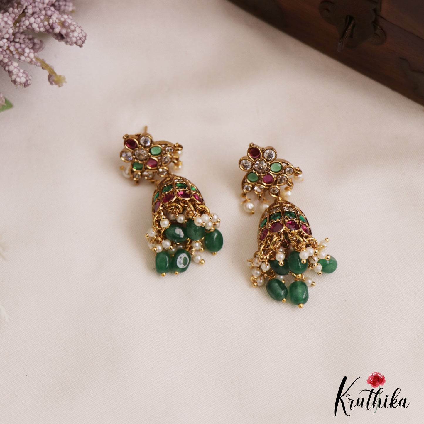 Classic Floral Motifs Kemp Motifs Jhumkas With Green Bead Drops E1135