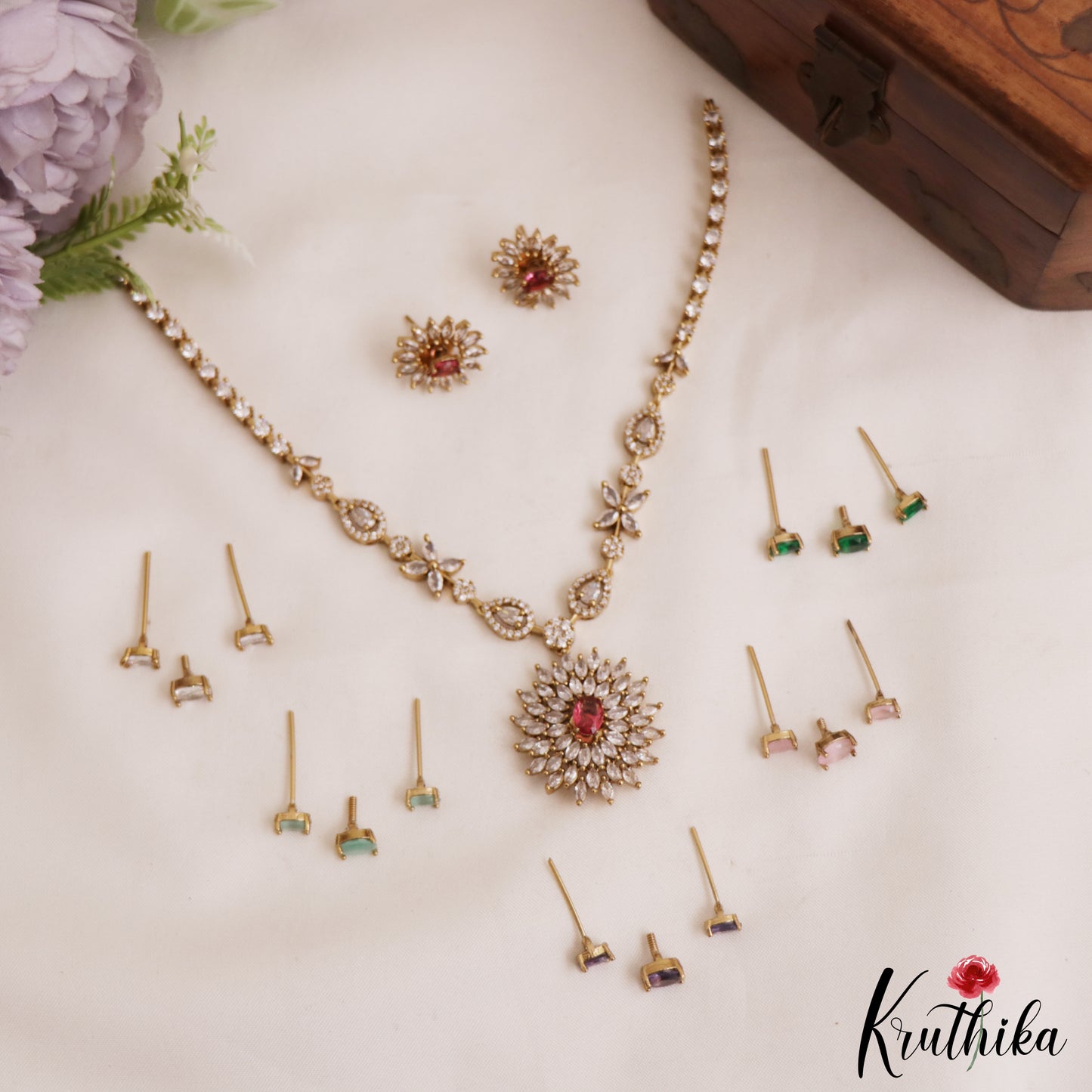 Trendy CZ Sparkling Floral Victorian Necklace With Interchangeable Stones NC2954