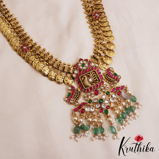 Pre Order - Stunning Antique Lakshmi Peacock Motifs Kasu Jadau Haaram With Green Bead Drops LH2072 (Pre-Order: Shipping from 15th June)