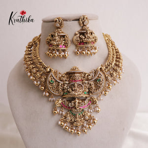 Royal Grand Nagas Jadau Temple necklace in Jalebi pattern with Green Beads NC1874 (Available  In 3 Colours)