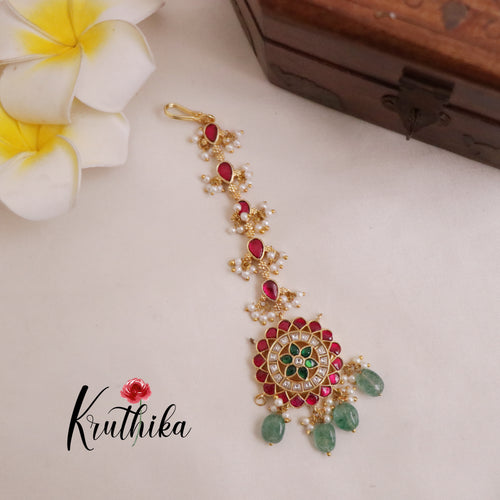 Simple Jadau Maang Tikka with Pastel Green Beads MT247