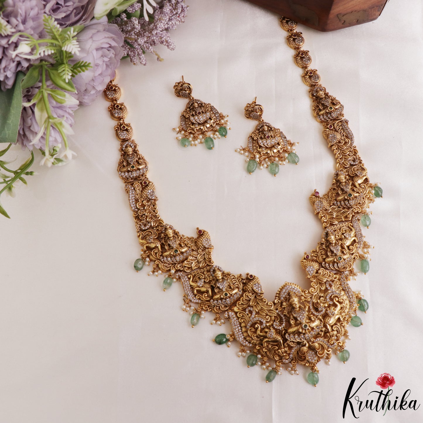 Premium Antique Nagas Lakshmi Peacock Motifs Temple Haaram With Green Bead Drops LH2213