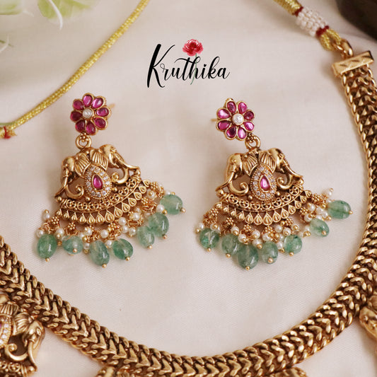 Beautiful Jadau Elephant Design Necklace with Pastel Green Beads NC2045