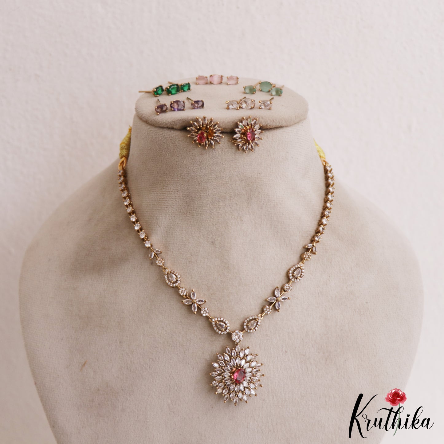 Trendy CZ Sparkling Floral Victorian Necklace With Interchangeable Stones NC2954