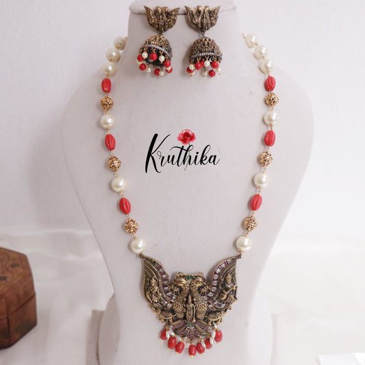 Simple Pearl Necklace with Peacock Temple Pendant Beads Drops NC2341 (Available in 4 colours)