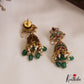 Classic Floral Motifs Kemp Motifs Jhumkas With Green Bead Drops E1135