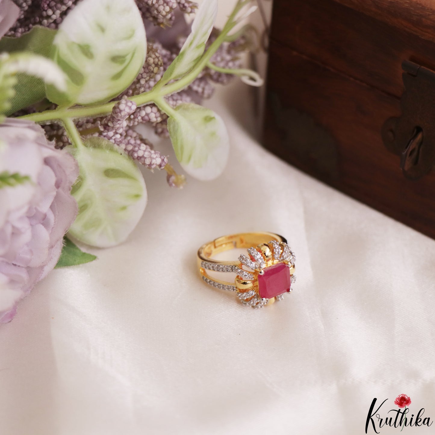Trendy Floral Adjustable Gold-Tone CZ Finger Ring R62 (Available in 2 Colours)