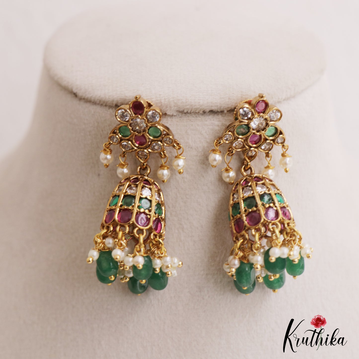 Classic Floral Motifs Kemp Motifs Jhumkas With Green Bead Drops E1135