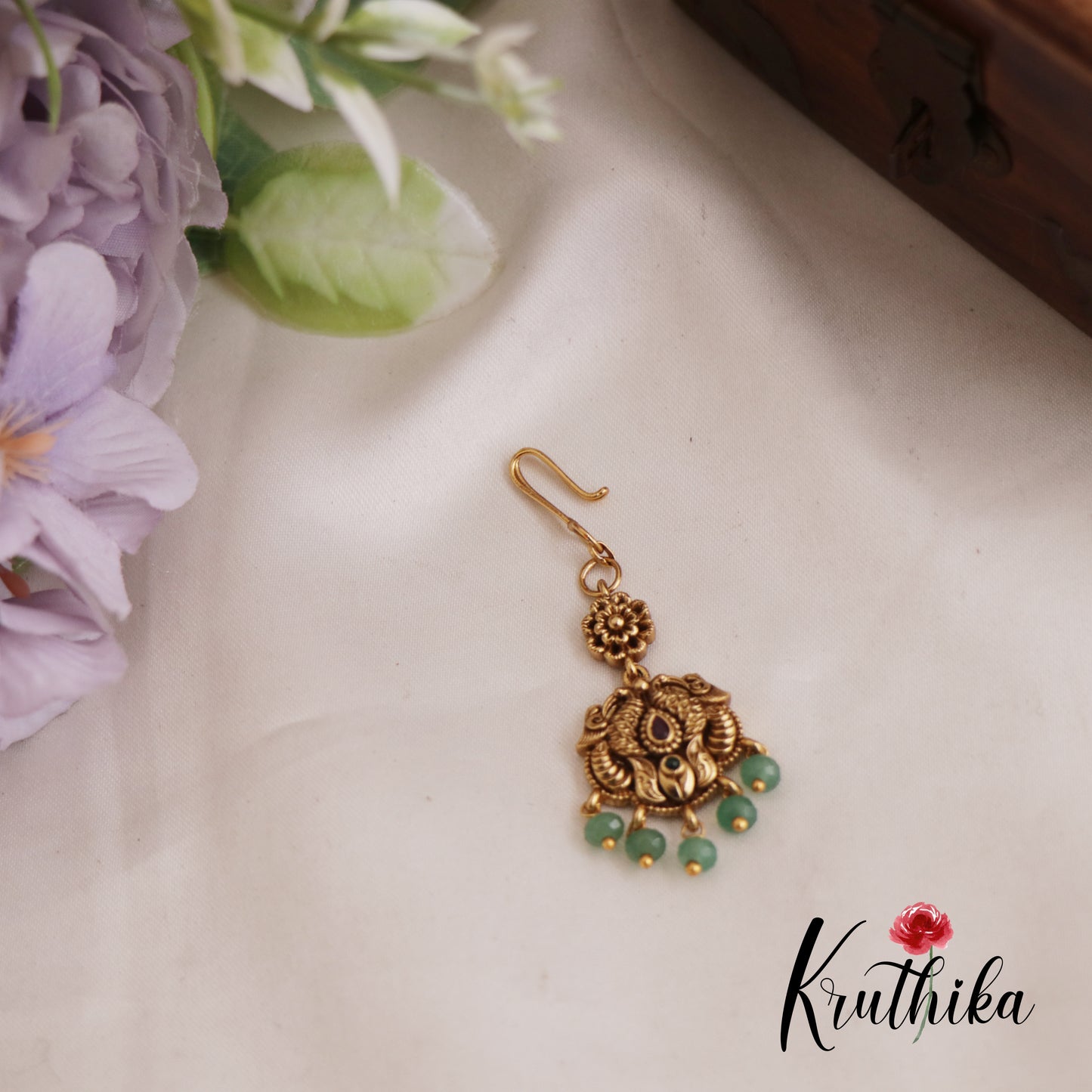 Classic Antique Floral Maang Tikka With Bead Drops MT326