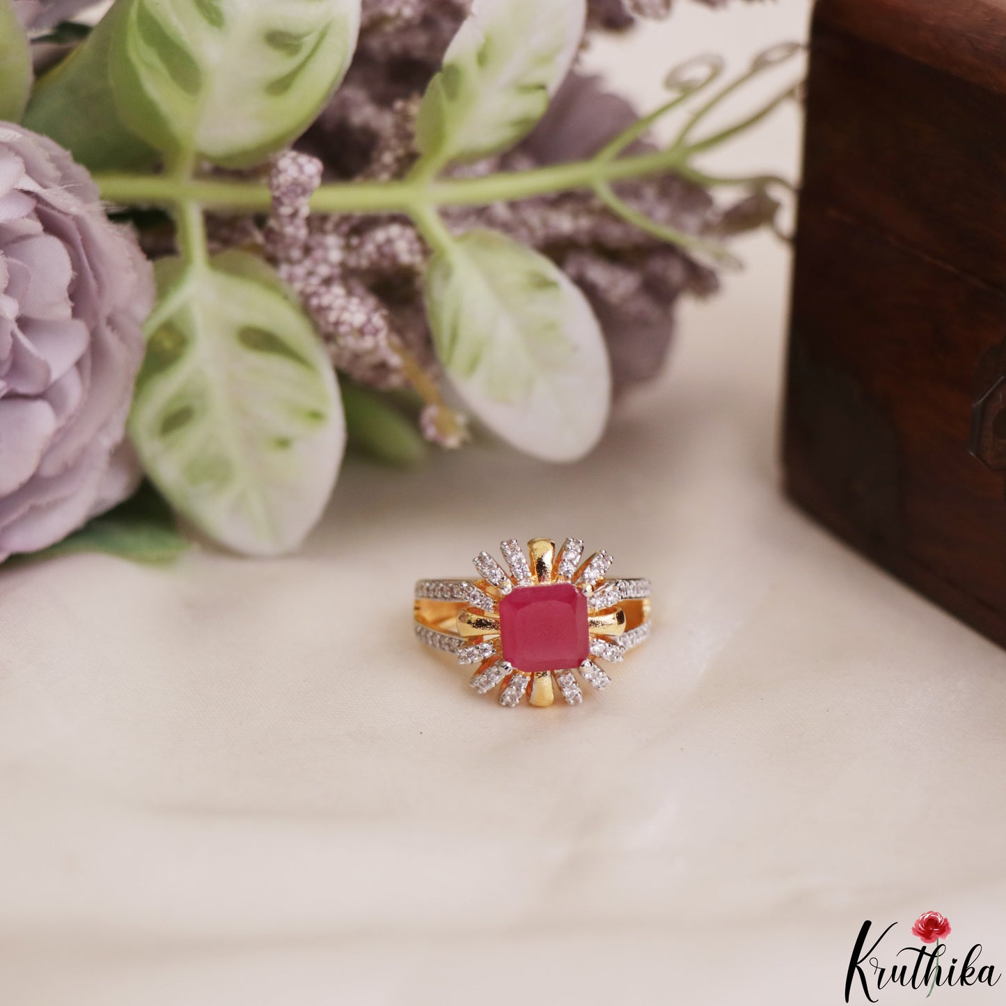 Trendy Floral Adjustable Gold-Tone CZ Finger Ring R62 (Available in 2 Colours)