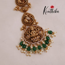 Grand Temple Lakshmi Peacock design Maang Tikka with Green Beads MT249