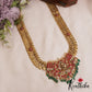 Gorgeous Antique Lakshmi Motifs Kasu Jadau Haaram With Green Bead Drops LH2073