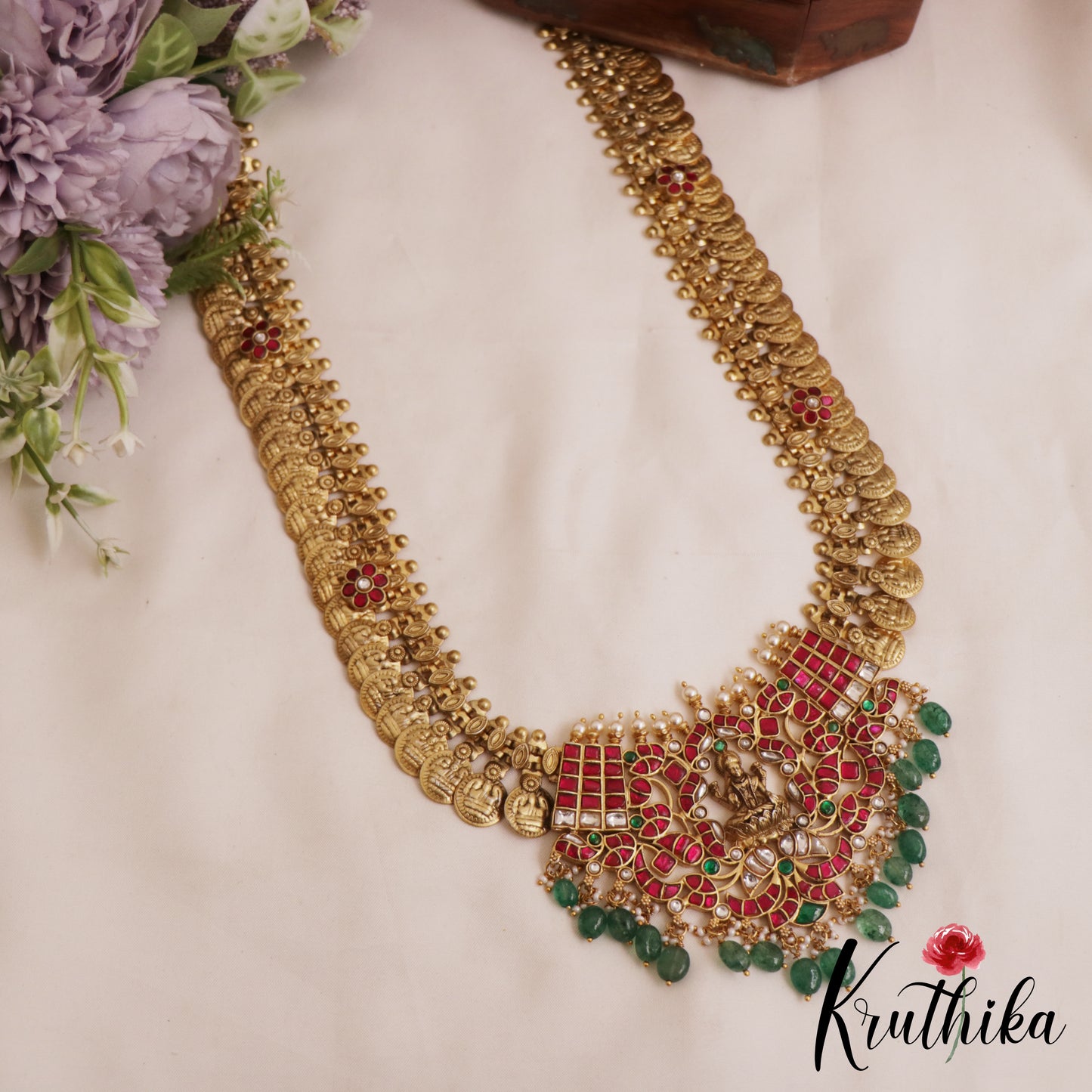 Gorgeous Antique Lakshmi Motifs Kasu Jadau Haaram With Green Bead Drops LH2073