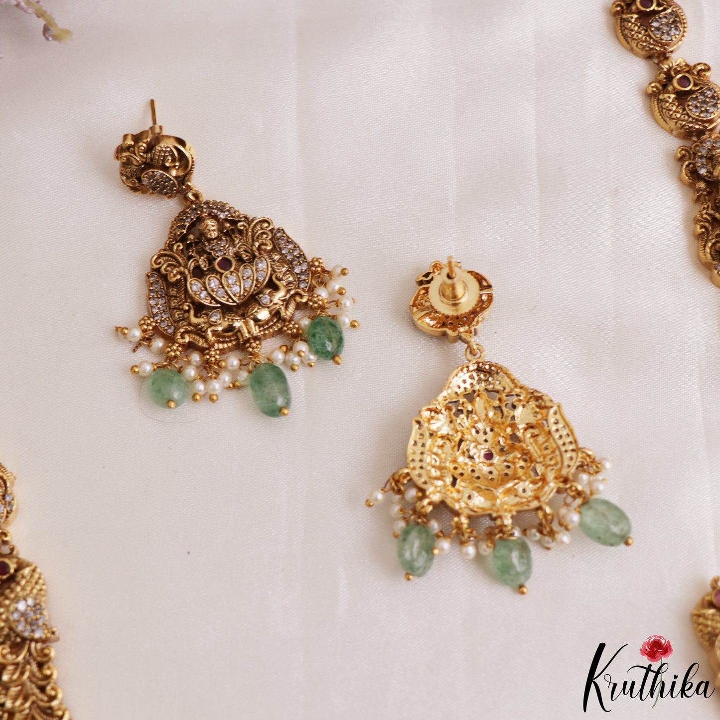 Premium Antique Nagas Lakshmi Peacock Motifs Temple Haaram With Green Bead Drops LH2213