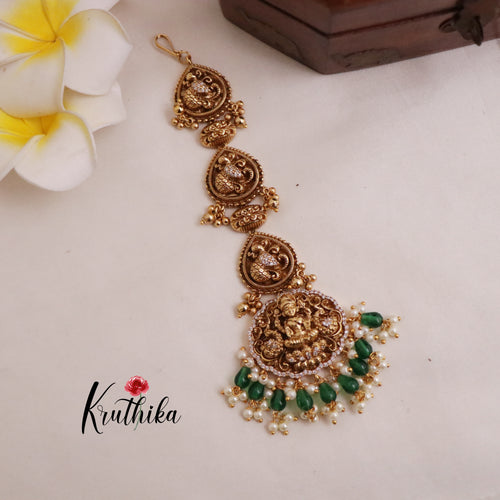 Grand Temple Lakshmi Peacock design Maang Tikka with Green Beads MT249