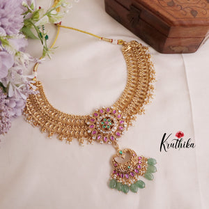 Classic Two layer No-Idol Jadau Floral Necklace with Pastel Green Drops NC2017