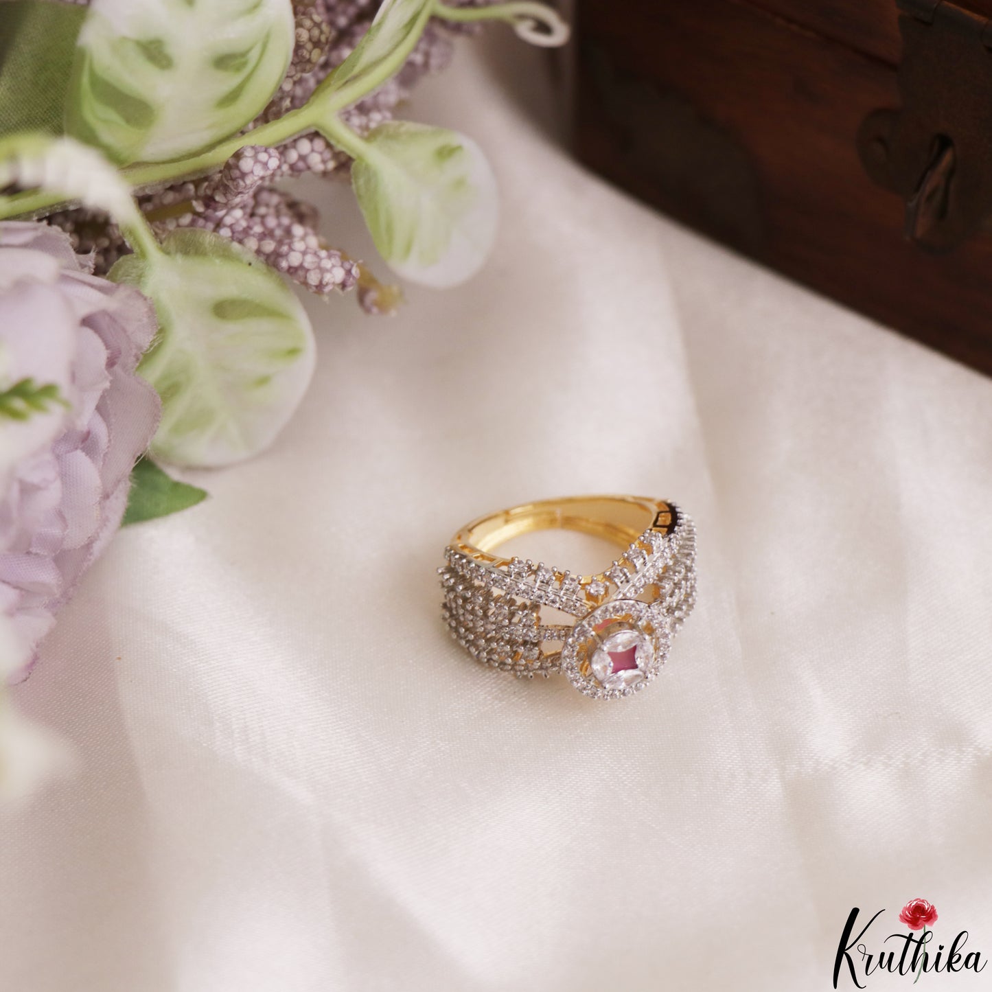 Pretty Adjustable Gold-Tone CZ Finger Ring R61 (Available in 2 Colours)